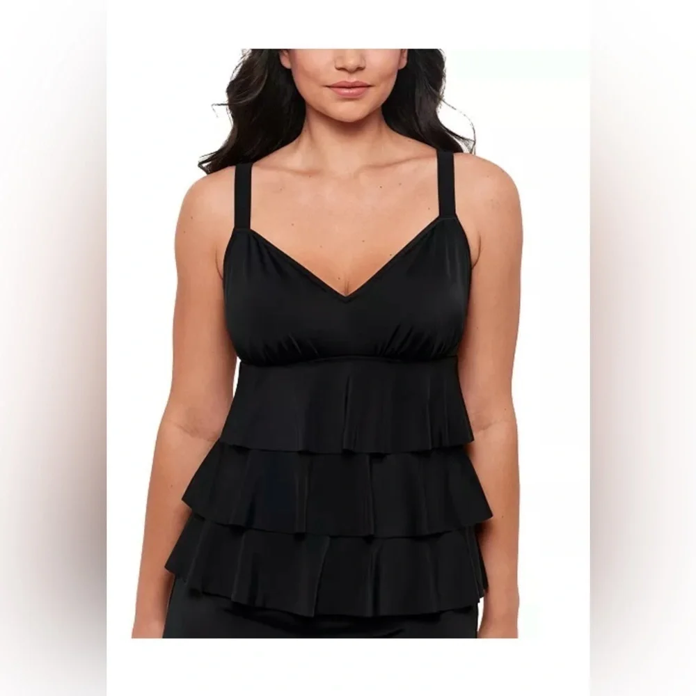 NWT Swim Solutions Women's Black Swan Tiered-Ruffle Tankini Top size 18